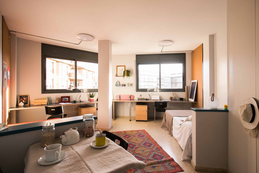 Modern student room at ONIX student residence Barcelona